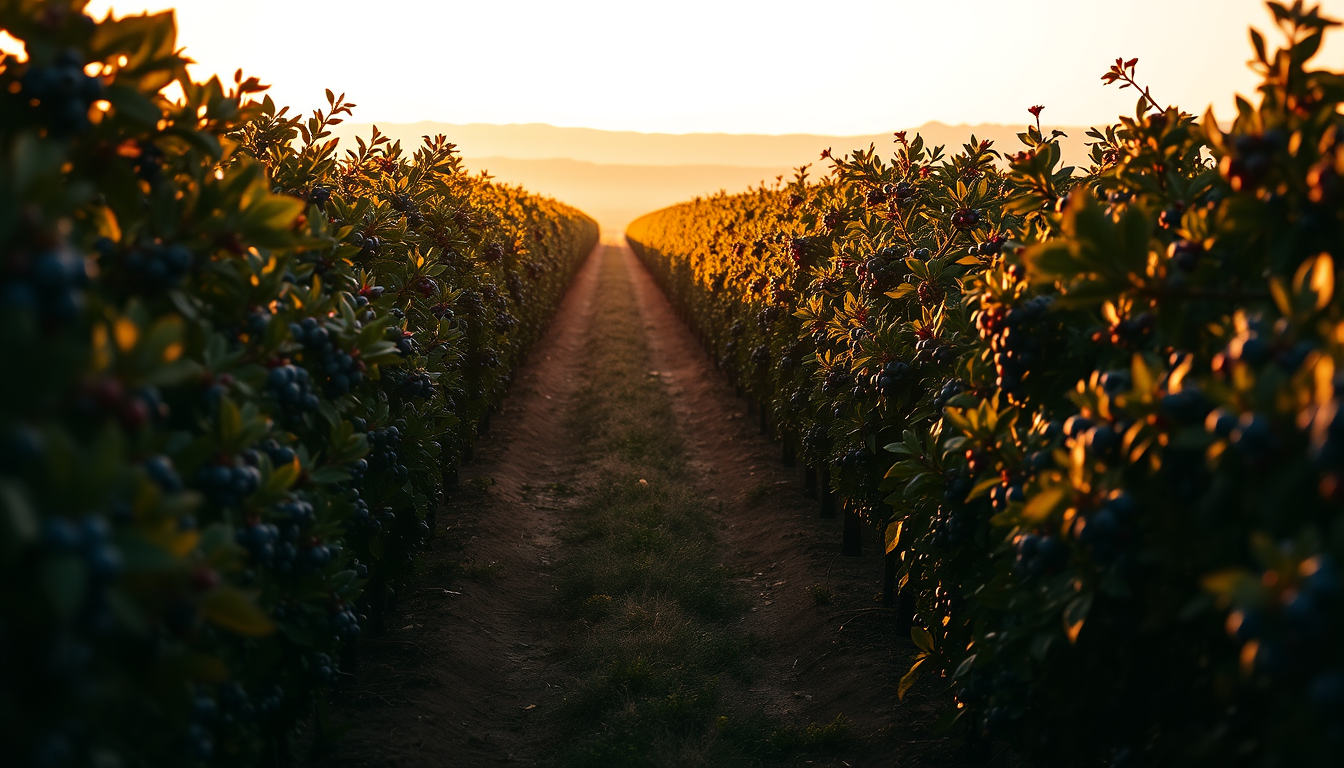 Blueberry farm at golden hour